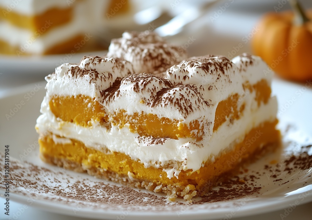 Aufkleber delicious layered pumpkin dessert with creamy frosting and cocoa dusting on top served on a white pl