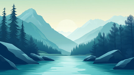 banner with clear blue to emerald green color gradation, illustration of a mountain river flowing rapidly between rocky cliffs and pine forests on the left side