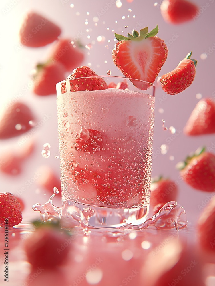 Poster Refreshing Strawberry Smoothie with Bubbles and Floating Strawberries Captured in High Detail : Generative AI
