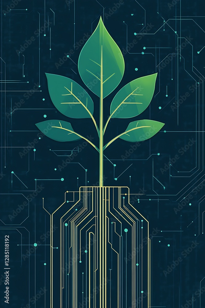 Poster Innovative concept of a plant growing from a digital circuit representing technology and nature integration : Generative AI