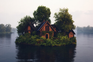 Fototapeta premium A small island with a house on it and a tree in front of it