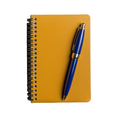 Yellow spiral notebook and blue pen on transparent background