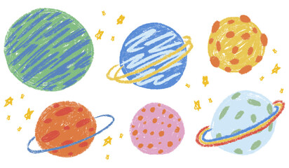 Kids chalk drawings planet in space big set. Collection freehand child baby hand drawn scribble elements. Different colorful textured galaxy planets, stars, constellation. Vector illustration isolated