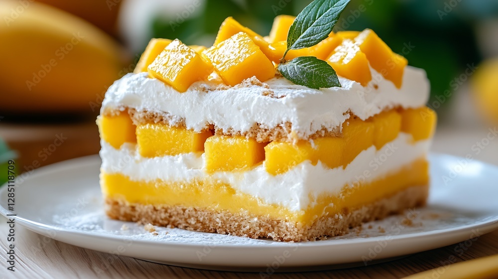 Poster delicious mango dessert layer cake with cream topping and fresh fruit garnish : generative ai