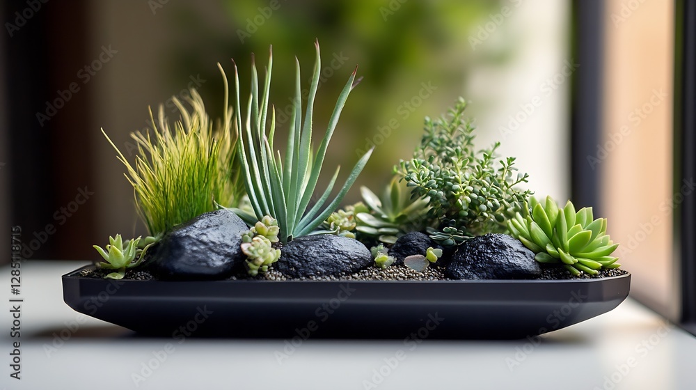 Aufkleber vivid arrangement of various succulents and decorative rocks creating a serene indoor garden scene :