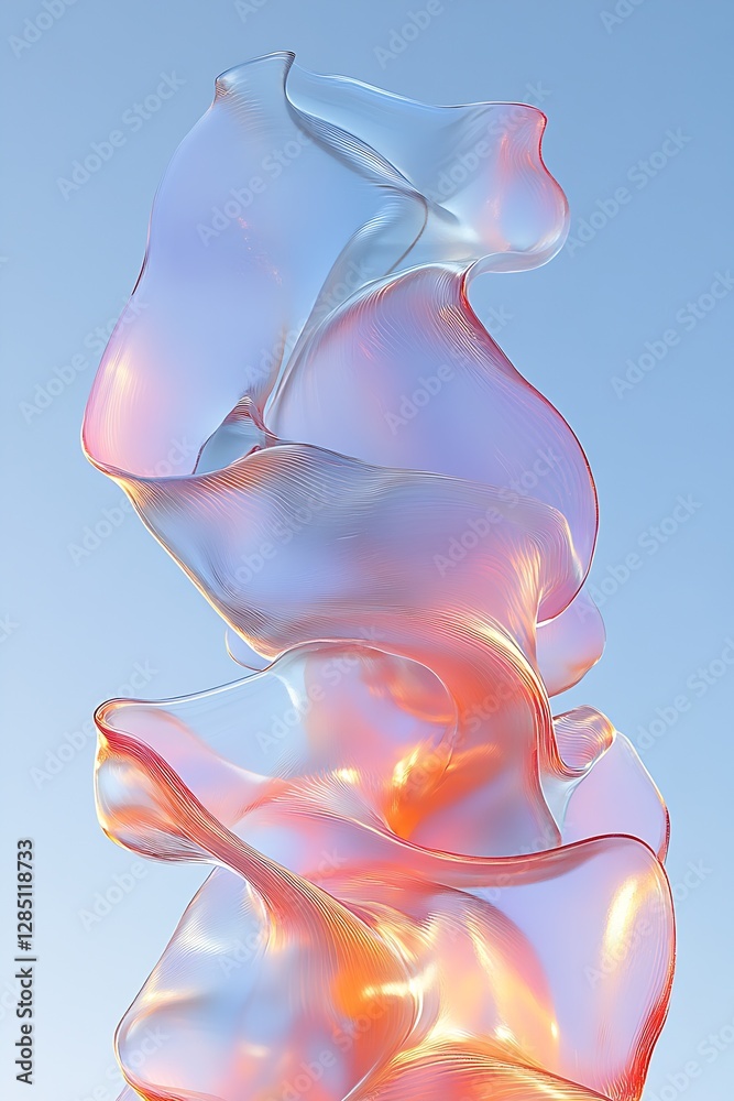 Poster abstract transparent sculpture with colorful waves and gentle curves against a clear blue sky : gene