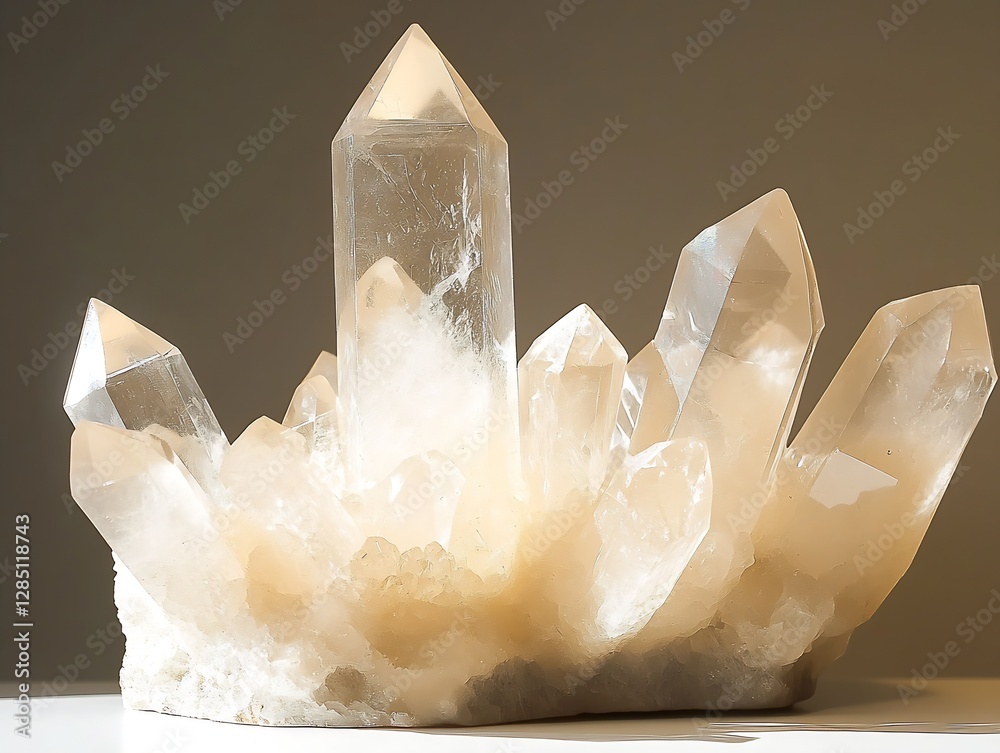 Poster Beautiful Quartz Crystal Cluster with Multiple Points Glimmering in Soft Light : Generative AI