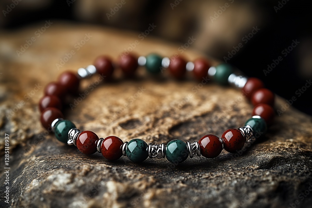 Poster Elegant gemstone bracelet with red and green beads set against a rustic stone background : Generative AI