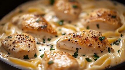 Delicious creamy chicken fettuccine alfredo with a rich sauce and herbs in a skillet : Generative AI