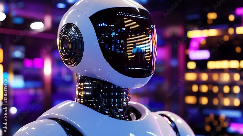 Poster Futuristic humanoid robot with glowing facade set in an illuminated digital background : Generative AI