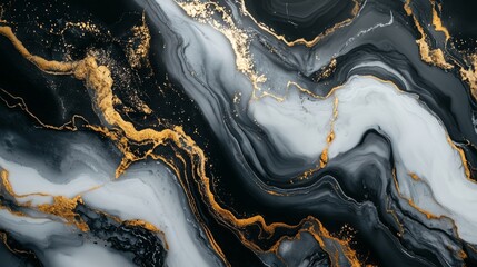 Obraz premium Waves of opulent gold dance through an exquisite blend of misty gray and pearl white, crafting a mesmerizing high-resolution marble design with a polished, reflective finish. 