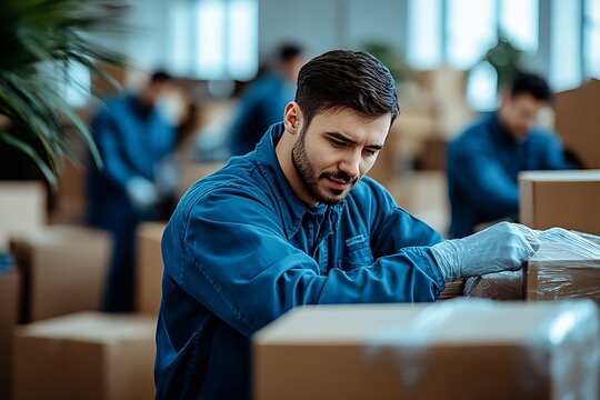 Focused worker in blue uniform packing boxes in a modern warehouse environment : Generative AI