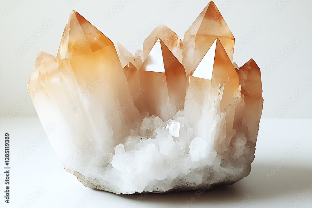 Aufkleber Stunning cluster of smoky quartz crystals shining with natural light on a white surface : Generative AI