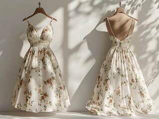 A floral dress hanging on a hanger showcasing both sides of the dress