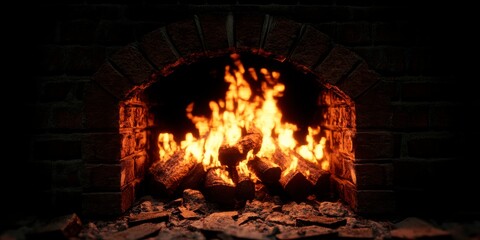 Cozy brick fireplace with burning logs creates a warm and inviting ambiance for winter nights.