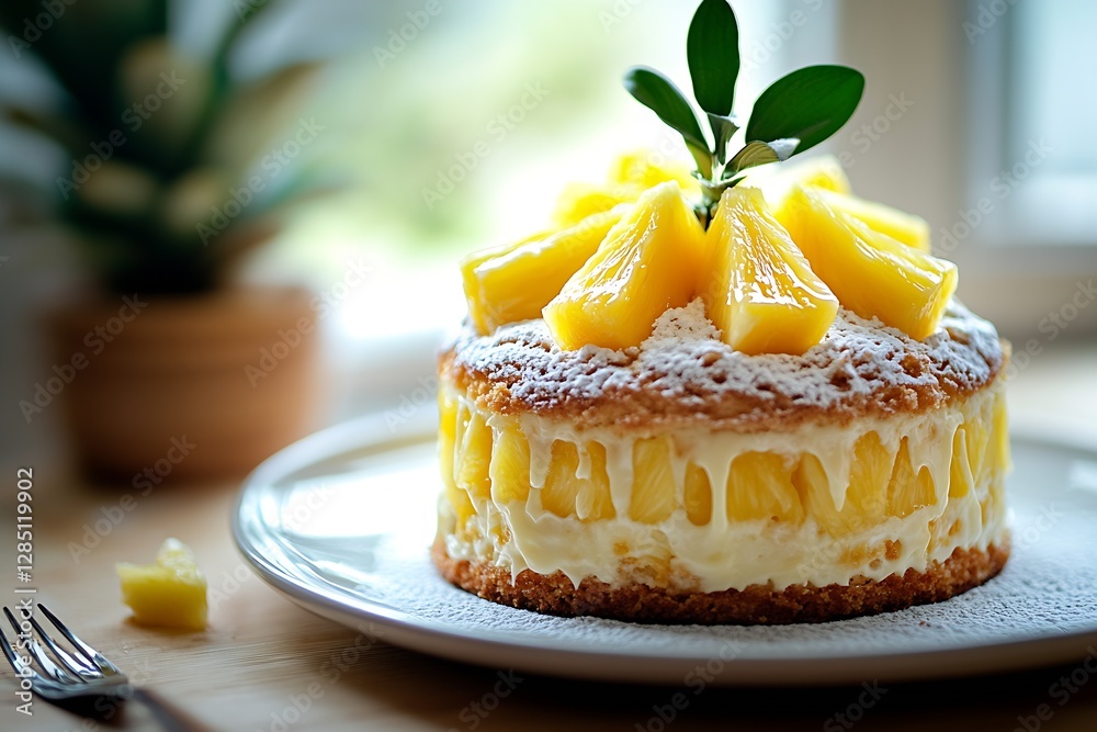 Poster delicious pineapple cream cake garnished with fresh pineapple slices on top in a bright setting : ge
