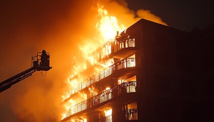Firefighter on a ladder fights against a large burning building