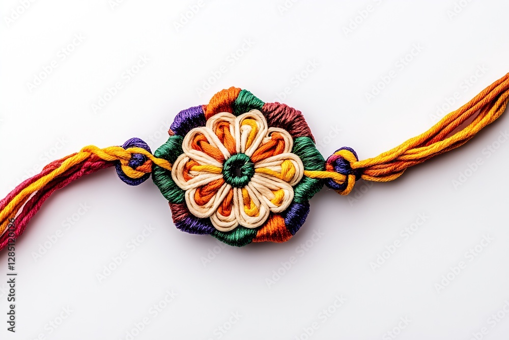 Poster intricately designed colorful thread bracelet with a beautiful floral motif on white background : ge