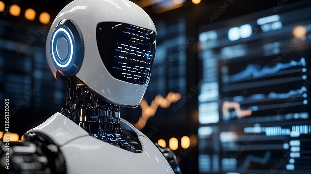 Poster Futuristic robot with advanced technology and data displays in a modern environment : Generative AI