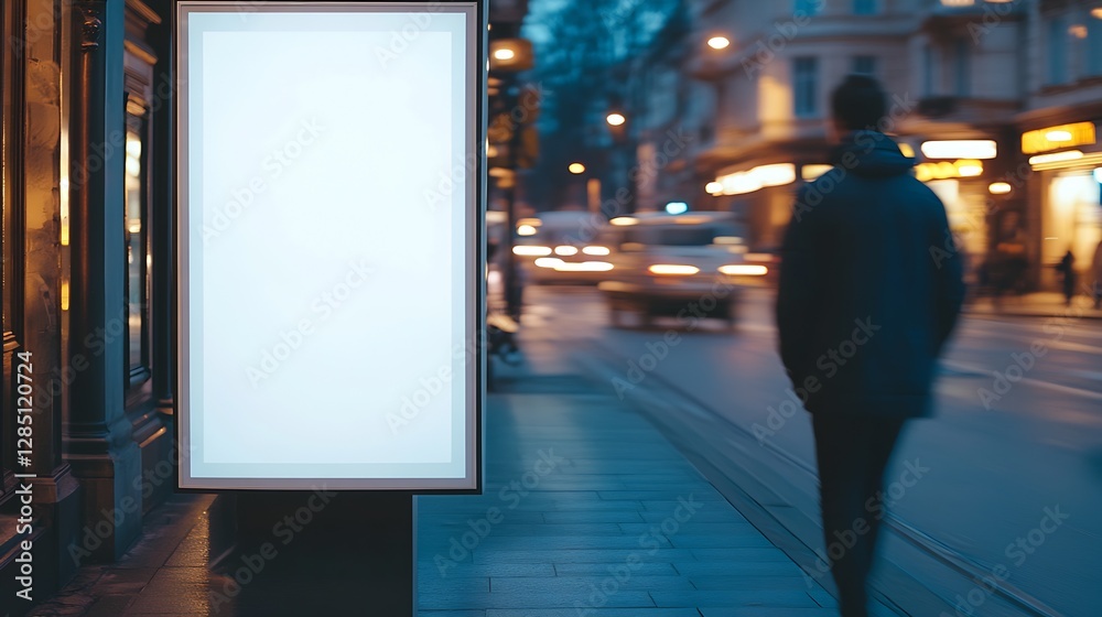 Poster Urban scene featuring an empty billboard with blurred background traffic in the city at dusk : Generative AI
