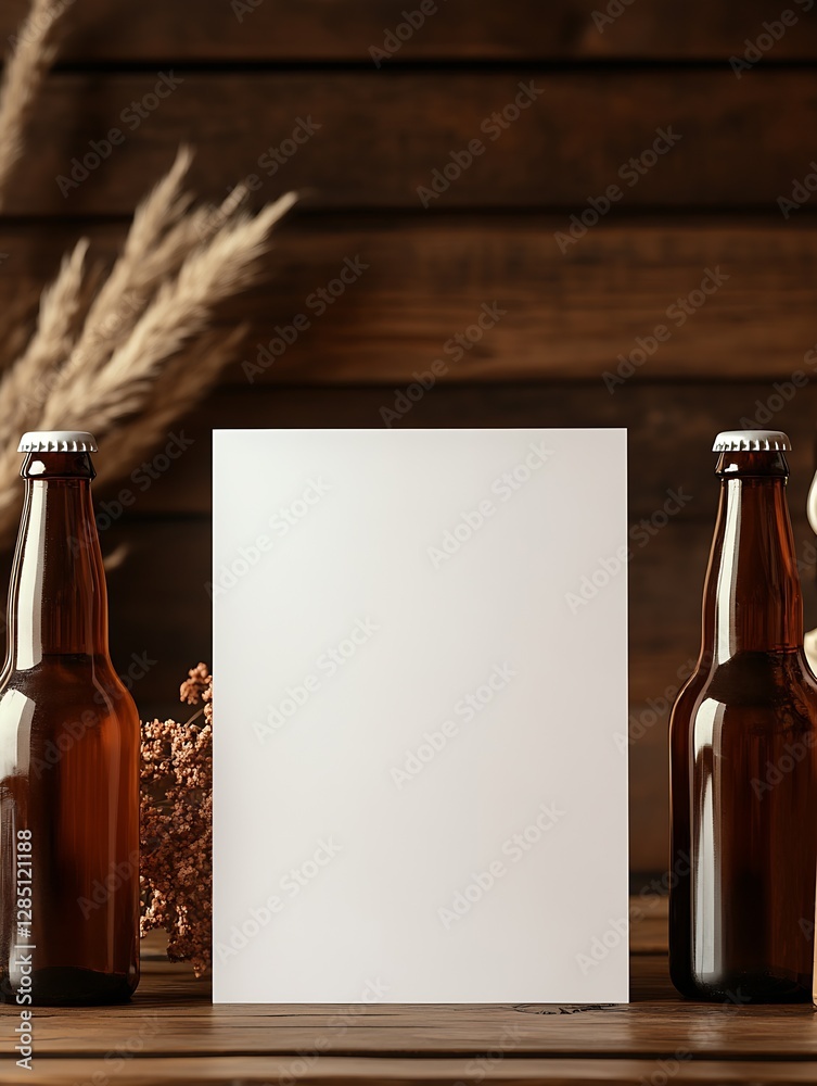 Aufkleber blank white canvas poised between two dark beer bottles set against a rustic wooden backdrop for ver