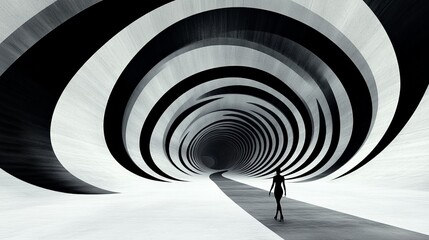 Surreal Abstract Tunnel with Black and White Spiral Patterns