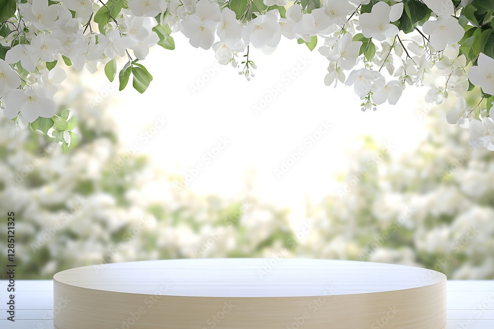 Poster elegant floral arrangement with soft focus background and wooden display stand : generative ai