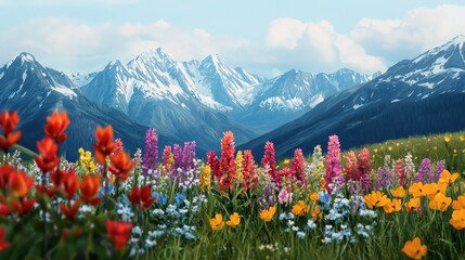 Obraz premium A vibrant field of colorful flowers in front of majestic snow-capped mountains under a clear blue sky creates a breathtaking natural landscape.