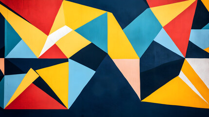 pattern with overlapping triangles and bold, contrasting colors of blue, yellow, and red 