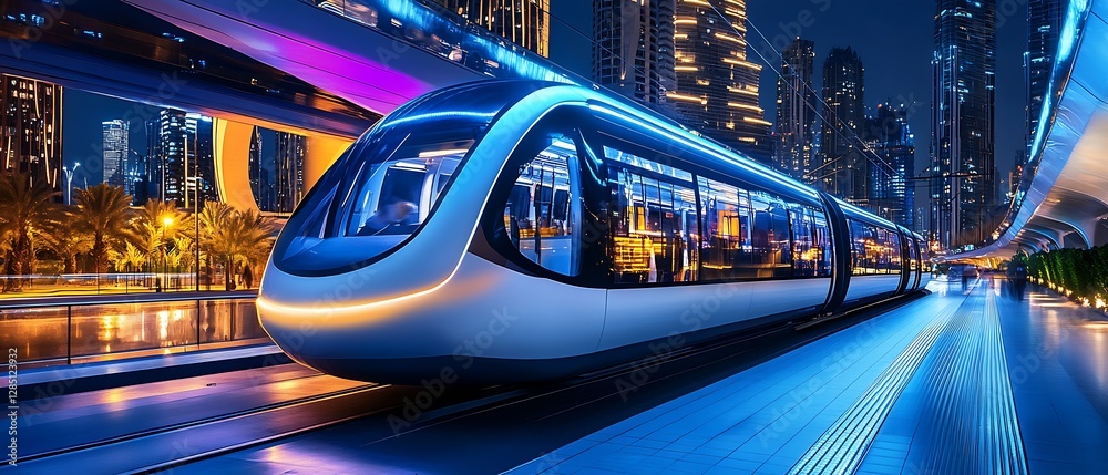 Poster futuristic autonomous train at night with glowing lights in urban setting : generative ai