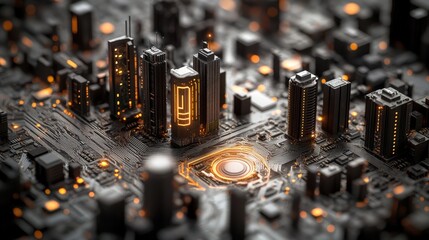Futuristic City on a Circuit Board with Glowing Elements and Details