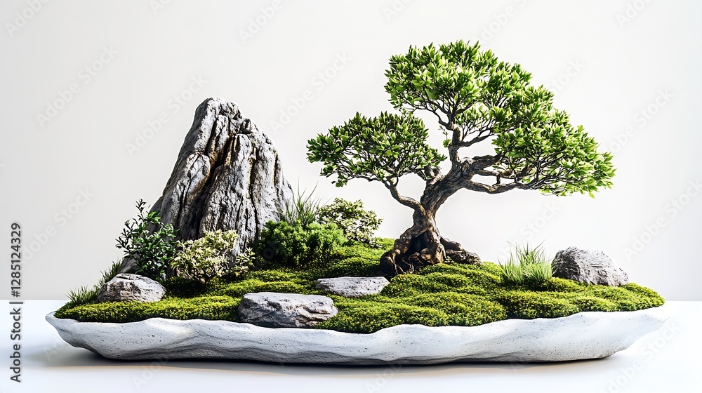 Poster elegant bonsai tree display amidst natural rocks offering tranquility and aesthetic appeal : generat