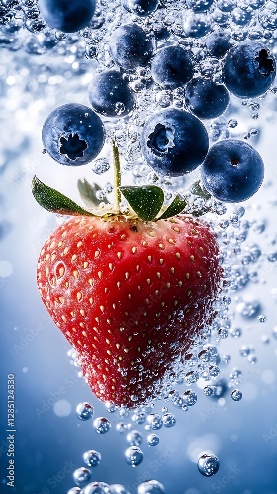 Aufkleber close up of bubbles surrounding fresh strawberries and blueberries in sparkling drink image : genera