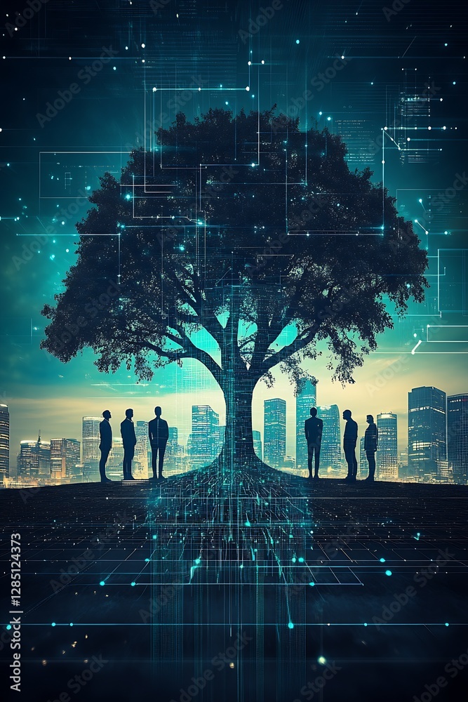 Aufkleber silhouetted figures by a digital tree with a vibrant urban landscape in a futuristic setting : gener