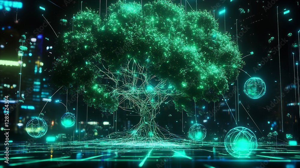 Poster glowing digital tree surrounded by neon lights in a futuristic cityscape : generative ai