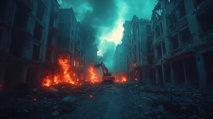 An excavator is present in a city ravaged by fire and destruction