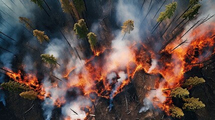 Fototapeta premium Top view of forest fire