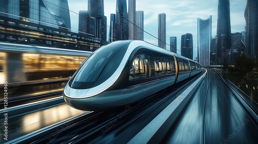 Aufkleber advanced high-speed train moving rapidly along a futuristic city rail system : generative ai