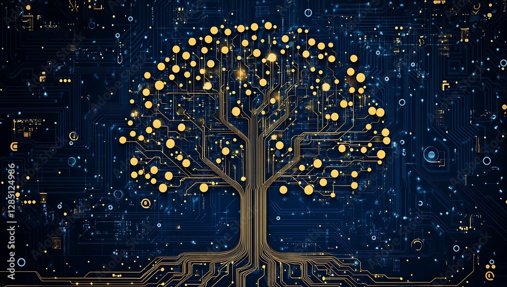 Poster Stylized digital tree of knowledge illustration with luminous elements and an intricate circuit design : Generative AI