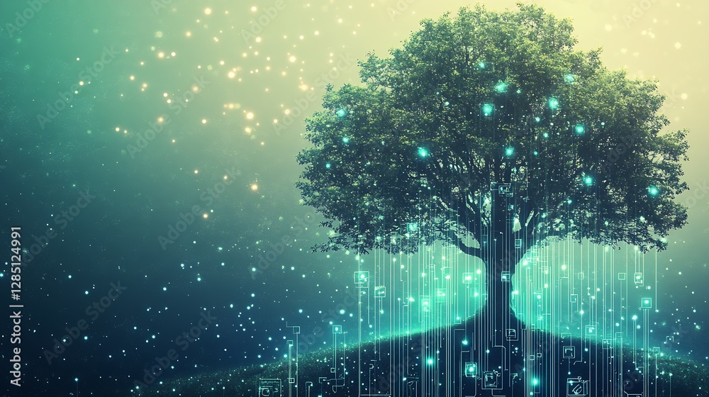 Leinwandbilder Inspiring digital visual of a thriving tree adorned with particles illustrating a connection to technology in a vibrant abstract realm : Generative AI