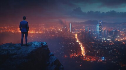 Fototapeta premium Contemplating Metropolis, A Solitary Figure Overlooking the City at Night