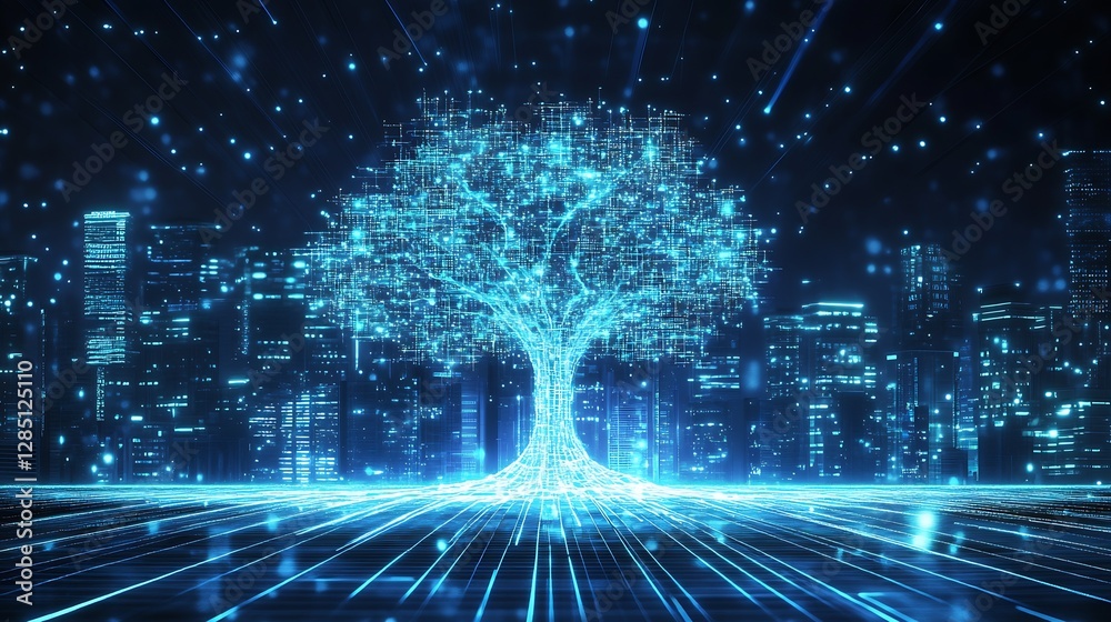 Poster Vibrant illuminated tree surrounded by a digital grid, showcasing the synergy of organic and technological elements : Generative AI