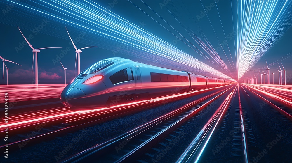 Aufkleber high-speed train gliding through a scenic landscape with vibrant light trails and turbines : generat