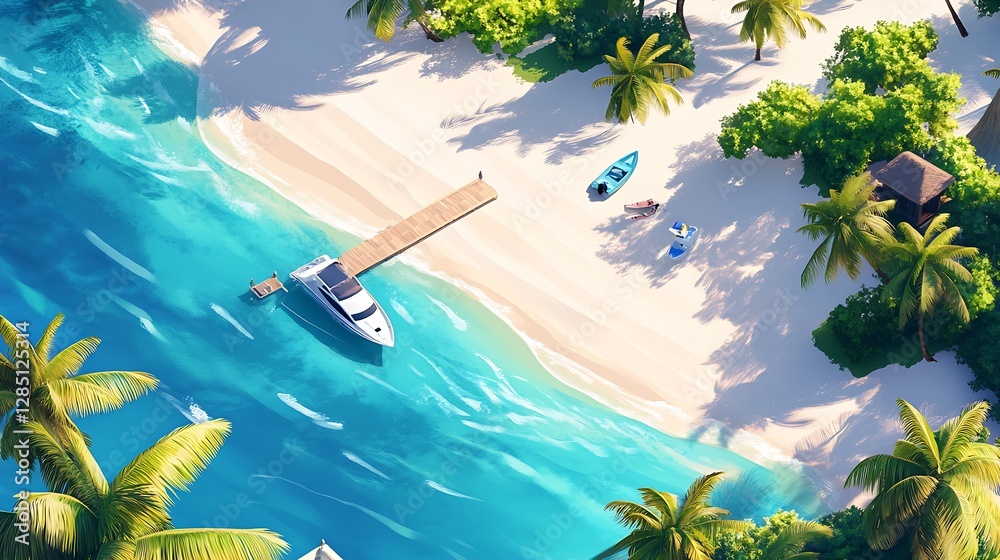 Aufkleber aerial view of a tropical paradise featuring a beautiful beach with palm trees and a yacht : generat