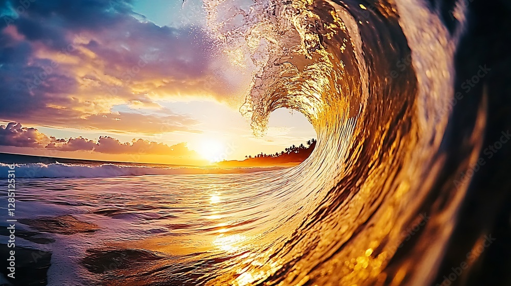Poster Magnificent sunset view through a breaking ocean wave capturing vibrant colors and textures : Generative AI