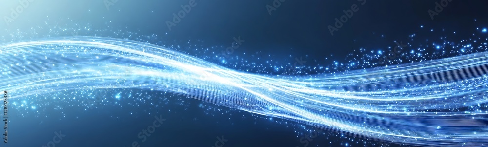 Poster fluid blue waves of light create a dynamic, digital background effect.