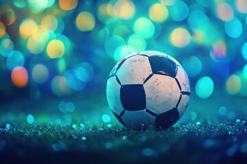 Fototapeta premium Soccer ball on grass, night lights background, sports