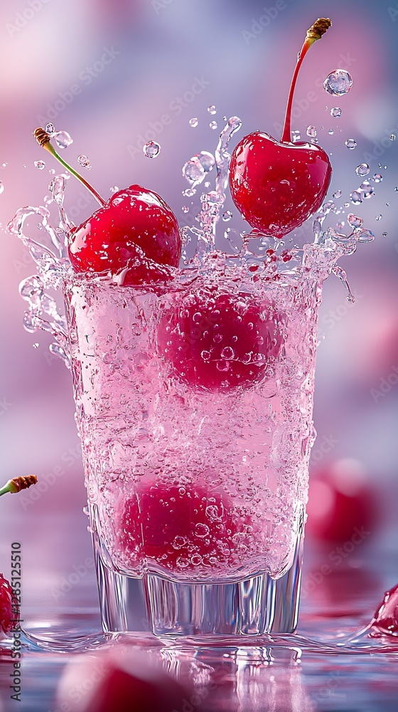 Poster Dynamic scene of cherries creating splashes in a glass filled with fizzy sparkling water and ice : Generative AI