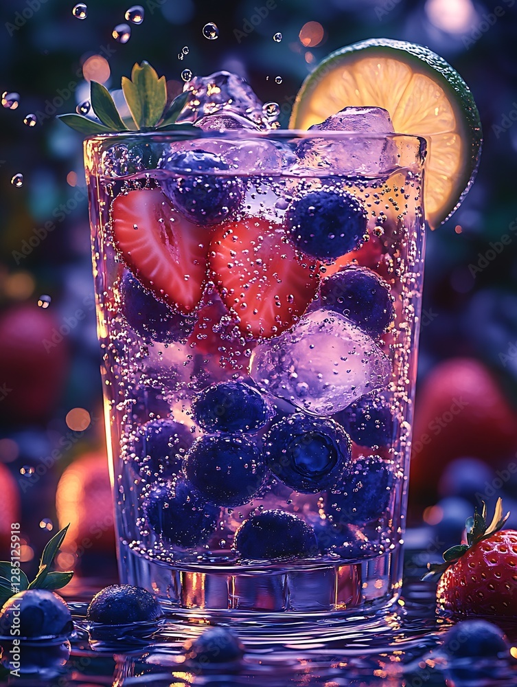 Poster refreshing beverage with fresh strawberries and blueberries in a sparkling clear glass with ice : ge