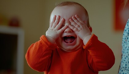 Happy baby laughing and playing peek-a-boo indoors with joy